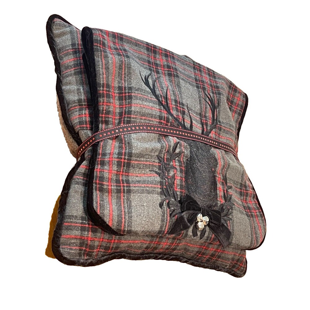 RAZ Black Red Reversible Plaid Velvet Table Runner Christmas Pillow Deer Bells